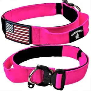Tactical Dog Collar with Handle - 1.5 Inch Thick Heavy Duty Nylon, Military Style Metal Quick Release Buckle & Integrated D-Ring, for Medium & Large Dogs – Includes USA Flag On Customizable Name Plate