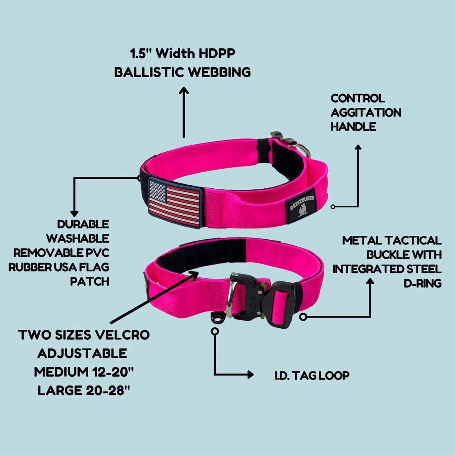 Tactical Dog Collar with Handle - 1.5 Inch Thick Heavy Duty Nylon, Military Style Metal Quick Release Buckle & Integrated D-Ring, for Medium & Large Dogs – Includes USA Flag On Customizable Name Plate