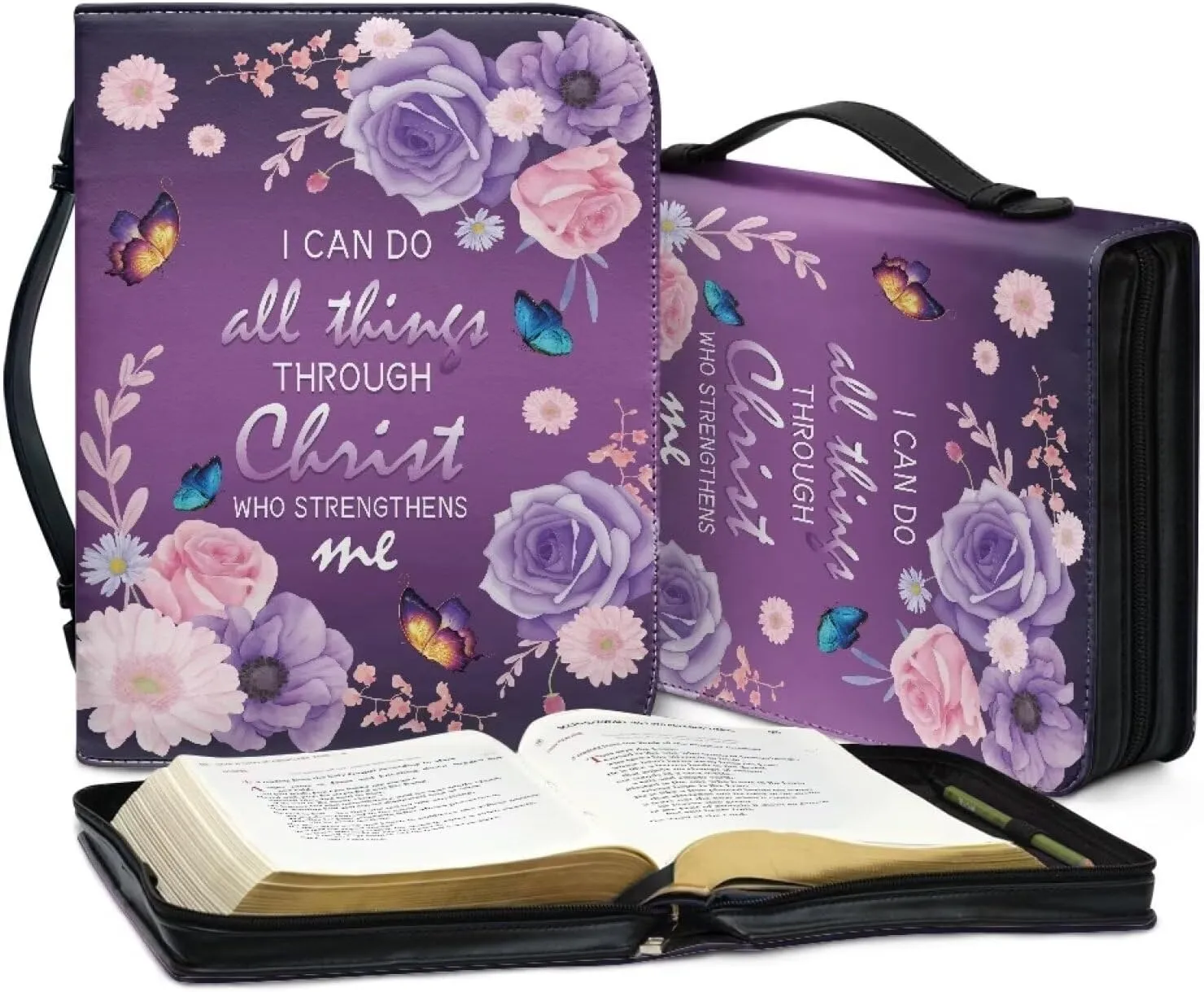 Talayituse Cross Flower Butterfly Print Faux Leather Bible Cover for Men Boys Women Girls I Can Do All Things Christian Bible Case with Handle Carrying Book Case Protector Bible Tote Handbag Gifts, XL