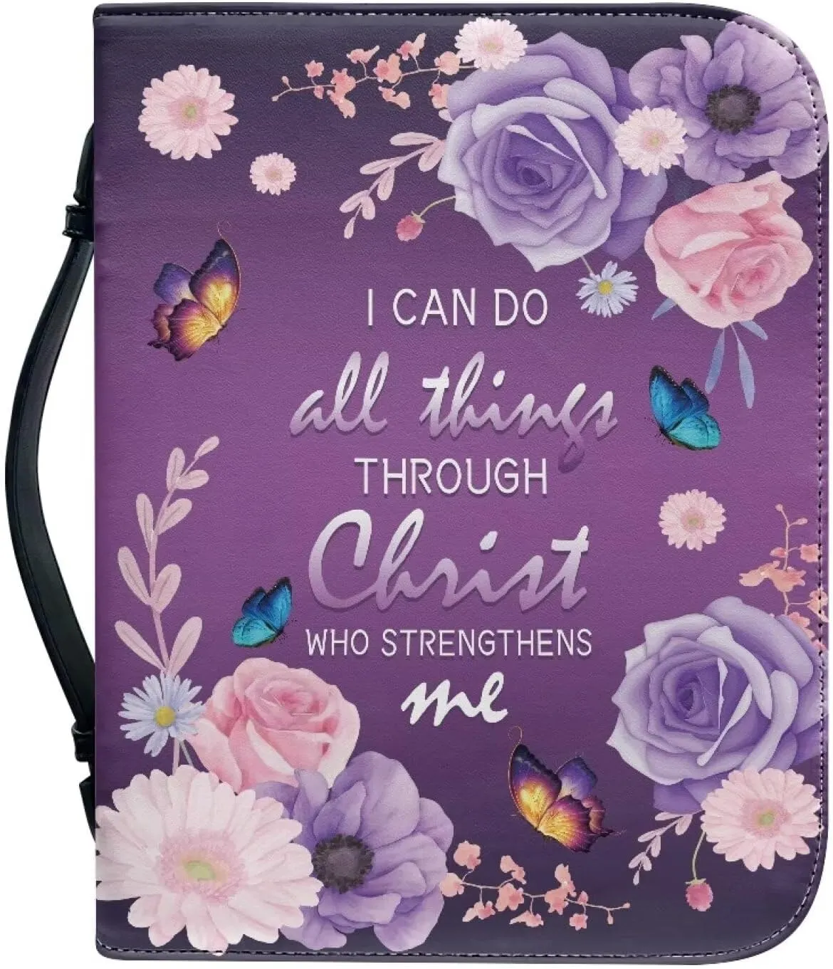 Talayituse Cross Flower Butterfly Print Faux Leather Bible Cover for Men Boys Women Girls I Can Do All Things Christian Bible Case with Handle Carrying Book Case Protector Bible Tote Handbag Gifts, XL