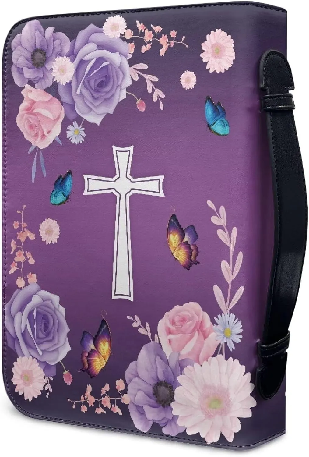 Talayituse Cross Flower Butterfly Print Faux Leather Bible Cover for Men Boys Women Girls I Can Do All Things Christian Bible Case with Handle Carrying Book Case Protector Bible Tote Handbag Gifts, XL