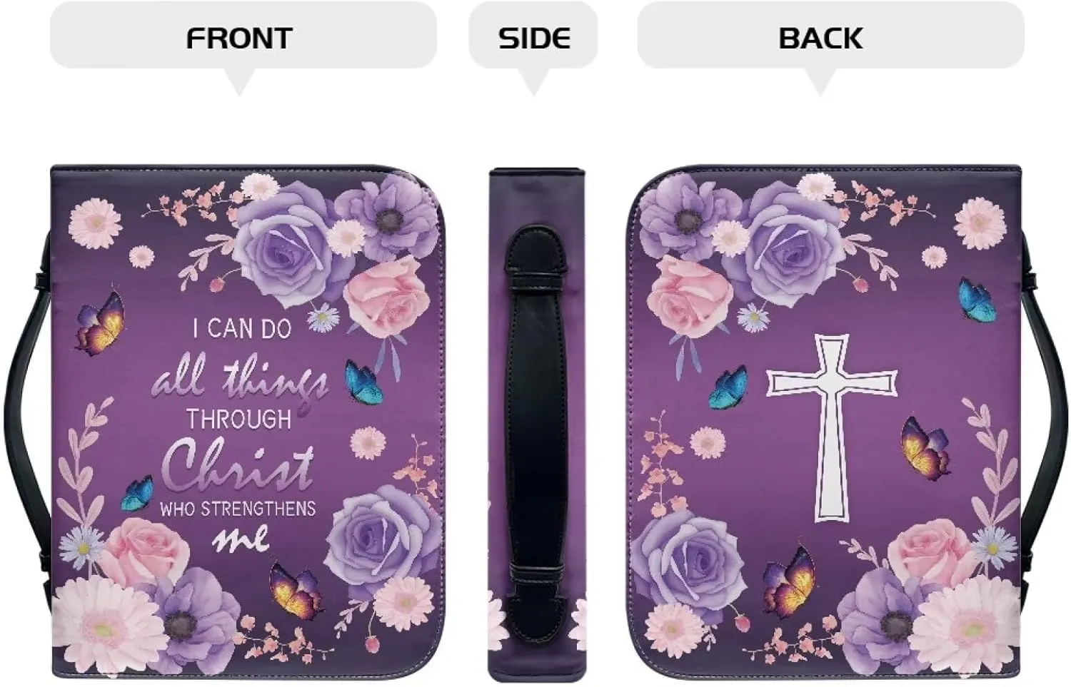 Talayituse Cross Flower Butterfly Print Faux Leather Bible Cover for Men Boys Women Girls I Can Do All Things Christian Bible Case with Handle Carrying Book Case Protector Bible Tote Handbag Gifts, XL