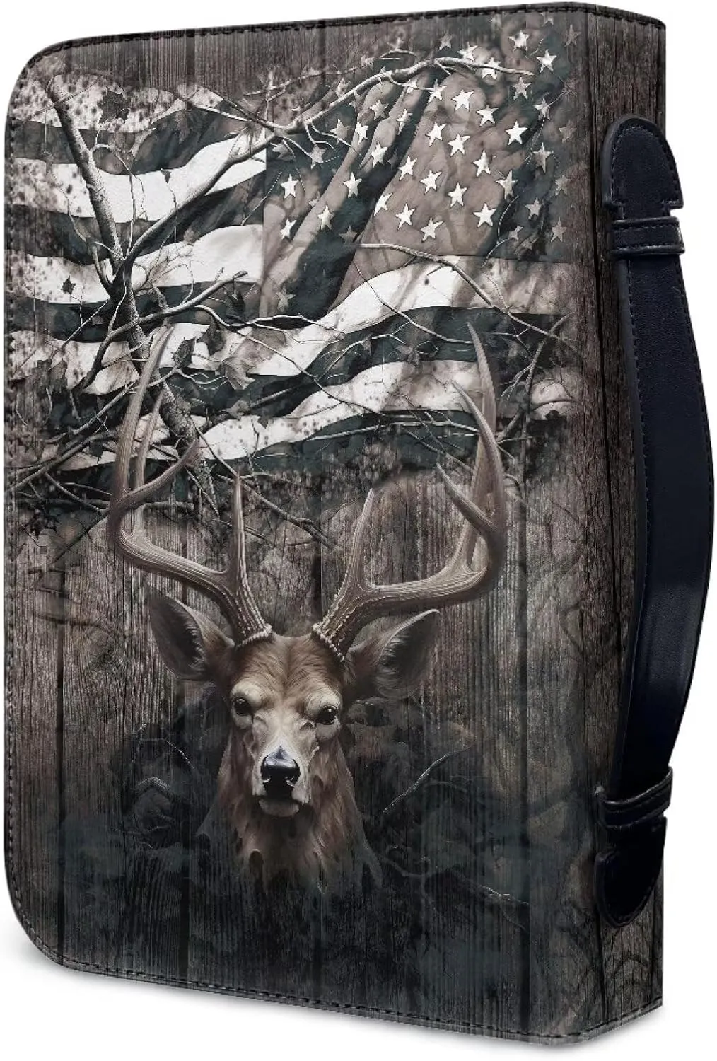 Talayituse Deer American Flag Print Faux Leather Bible Cover for Men Boys Women Girls Christian Bible Case with Handle Carrying Book Case Protector Bible Tote Handbag Gifts, L