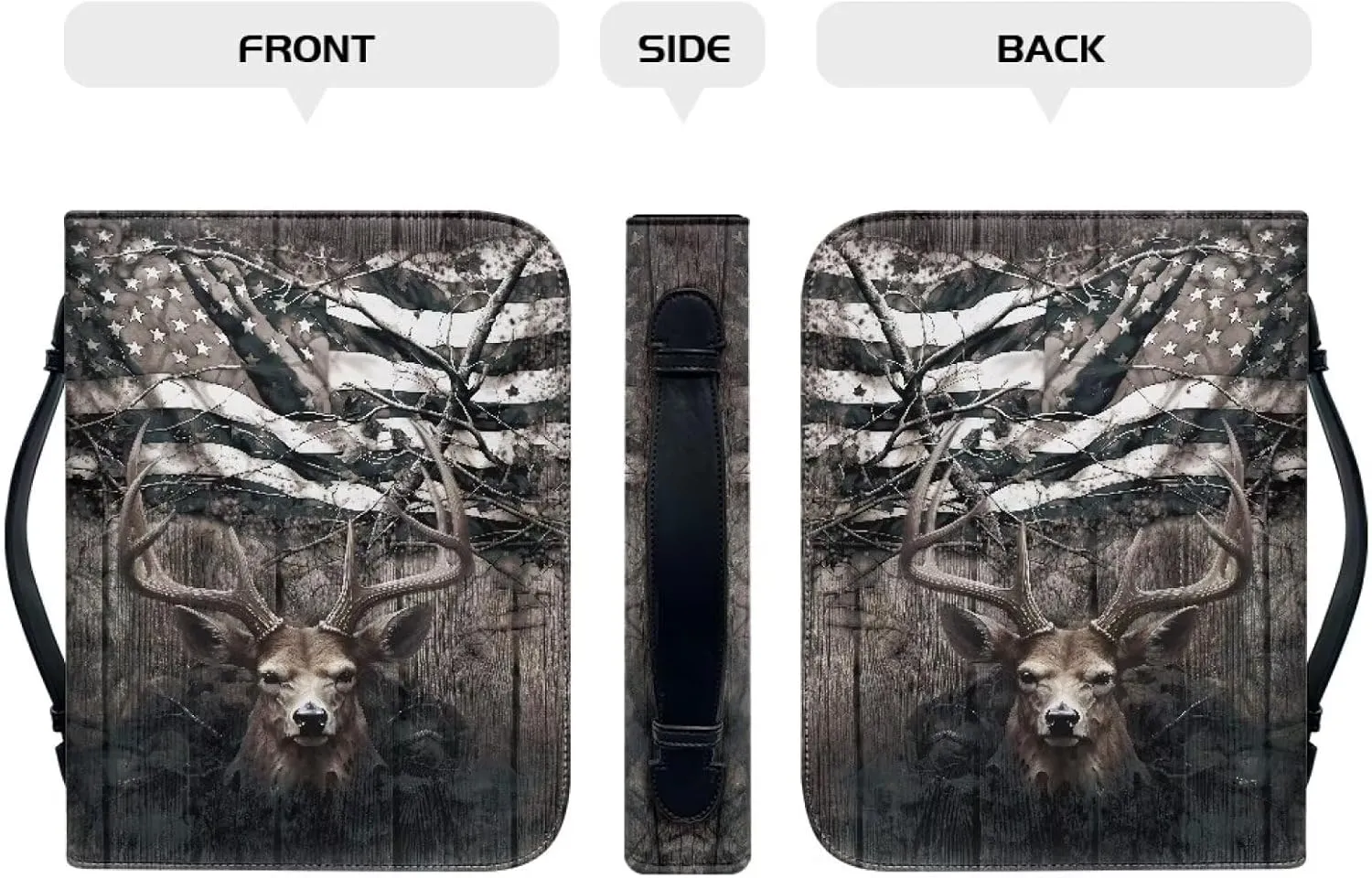 Talayituse Deer American Flag Print Faux Leather Bible Cover for Men Boys Women Girls Christian Bible Case with Handle Carrying Book Case Protector Bible Tote Handbag Gifts, L