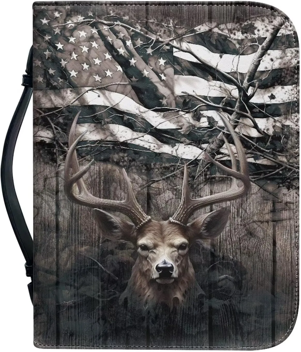 Talayituse Deer American Flag Print Faux Leather Bible Cover for Men Boys Women Girls Christian Bible Case with Handle Carrying Book Case Protector Bible Tote Handbag Gifts, L