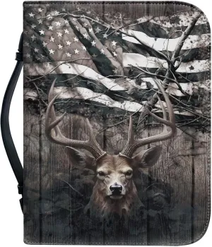 Talayituse Deer American Flag Print Faux Leather Bible Cover for Men Boys Women Girls Christian Bible Case with Handle Carrying Book Case Protector Bible Tote Handbag Gifts, L