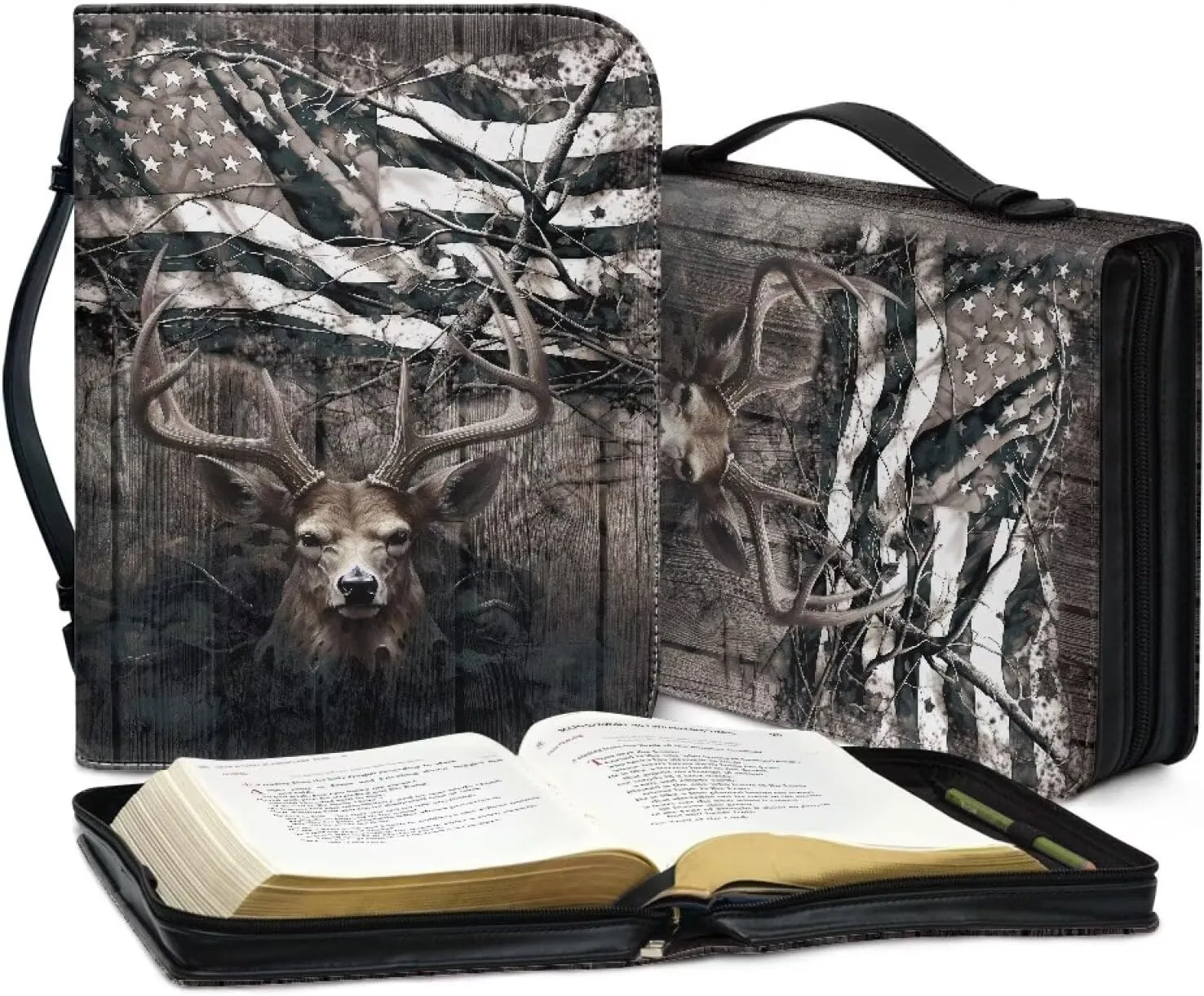 Talayituse Deer American Flag Print Faux Leather Bible Cover for Men Boys Women Girls Christian Bible Case with Handle Carrying Book Case Protector Bible Tote Handbag Gifts, L