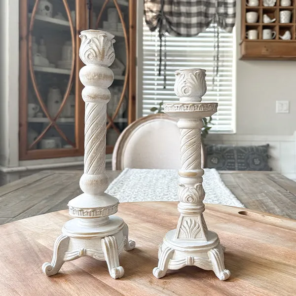 Tall Whitewashed Taper Candle Holders, Set of Two