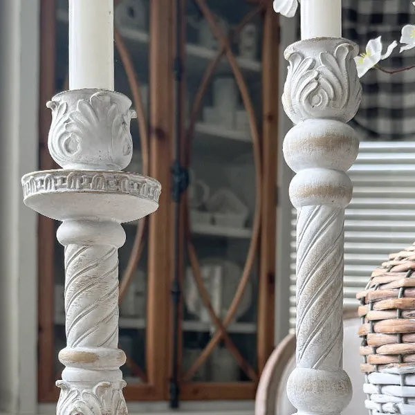 Tall Whitewashed Taper Candle Holders, Set of Two