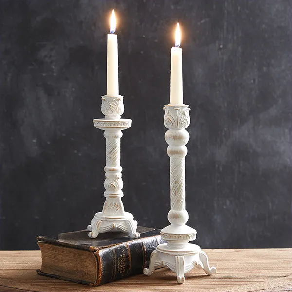 Tall Whitewashed Taper Candle Holders, Set of Two