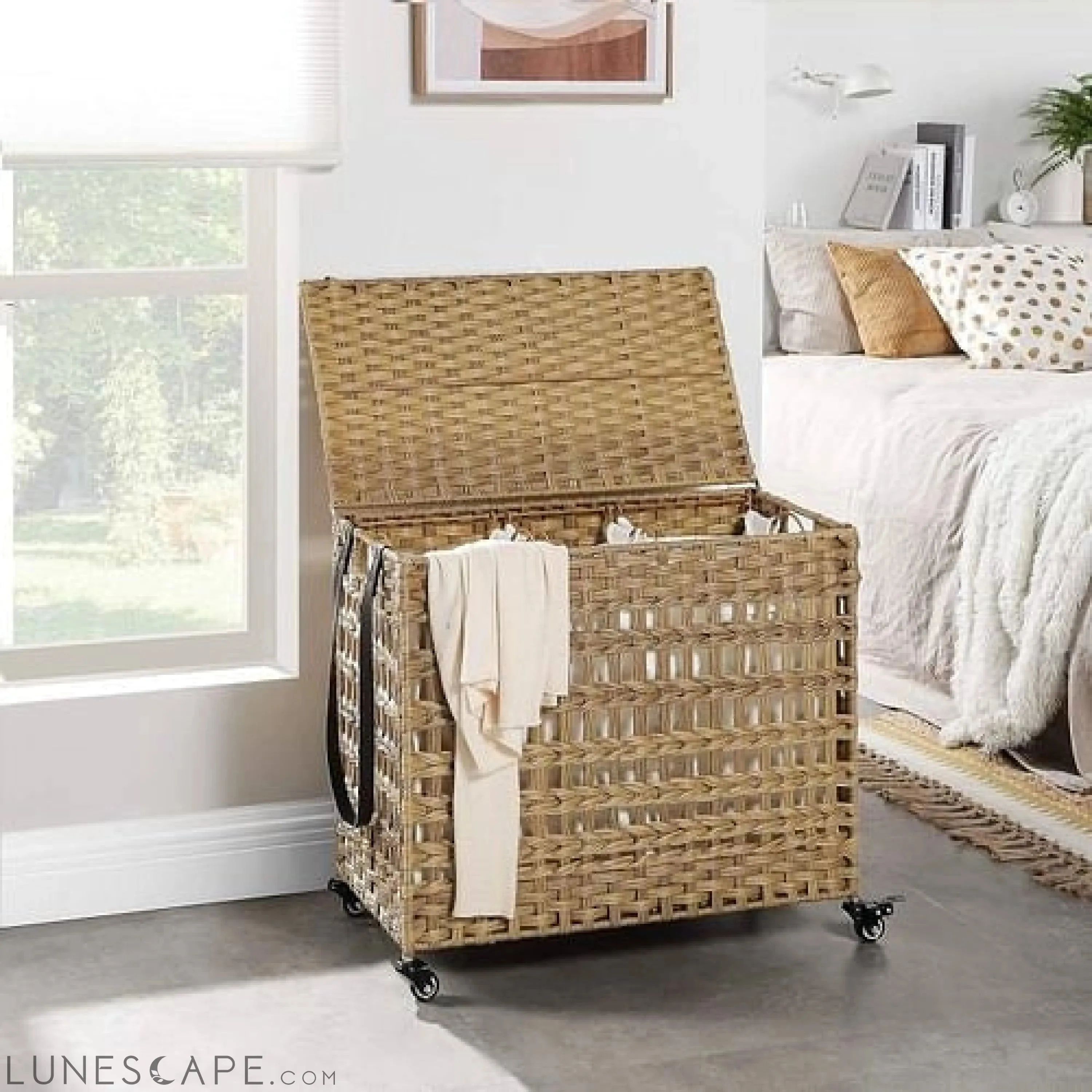 Tan PP Rattan 3-Basket Laundry Hamper Sorter Cart with Removable
