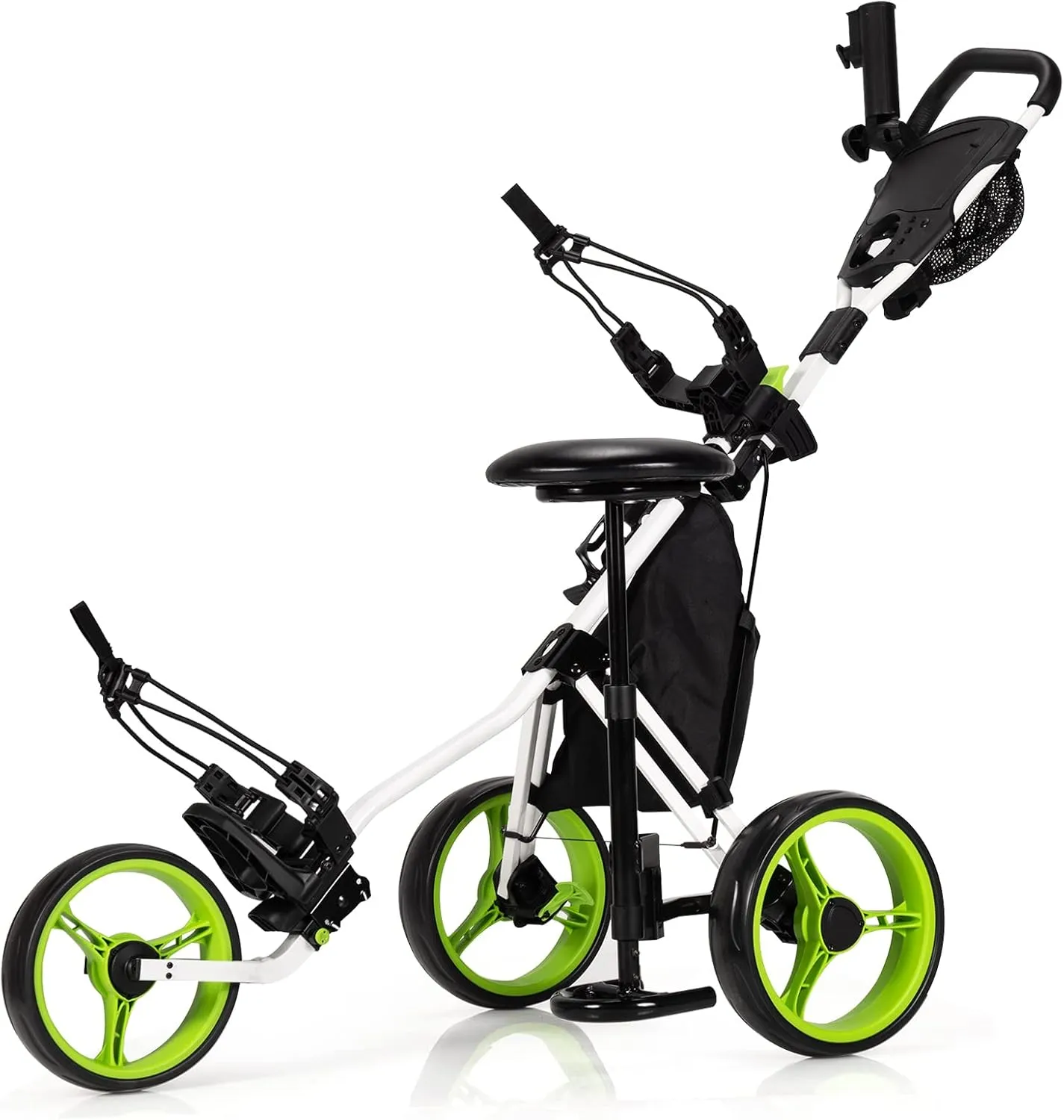 Tangkula Foldable Collapsible 3 Wheels Golf Push Cart with Seat, Foot Brake, Adjustable Umbrella Holder & Seat, 4 Height Position Handle