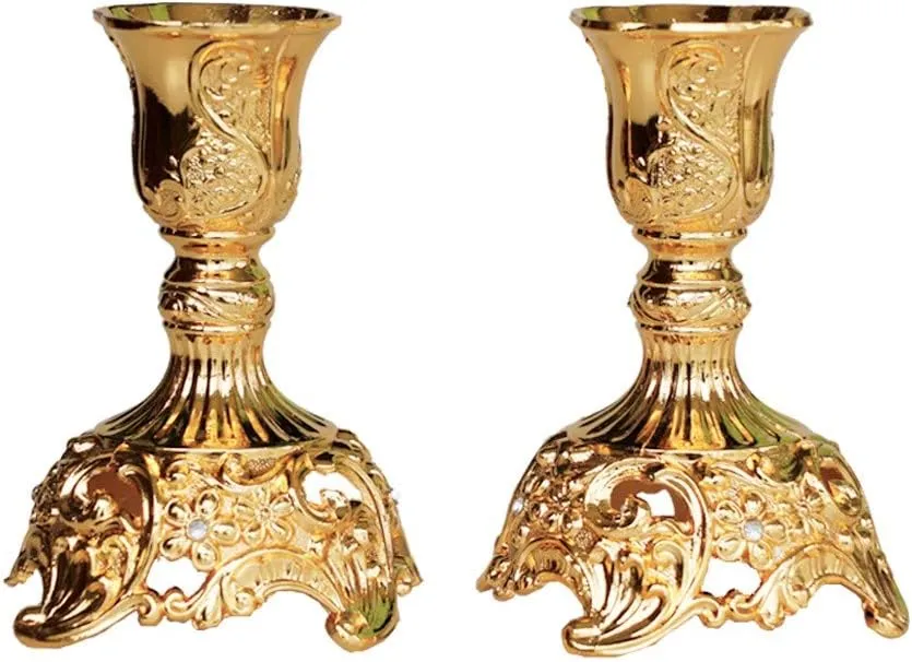 Taper Candle Holders with Deluxe Engraved Design, Set of 2 Premium Candlestick Holders in Gold