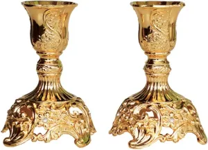 Taper Candle Holders with Deluxe Engraved Design, Set of 2 Premium Candlestick Holders in Gold