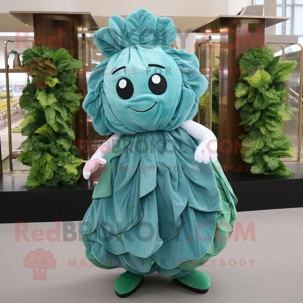 Teal Cabbage Leaf mascot costume character dressed with a Cocktail Dress and Shoe laces