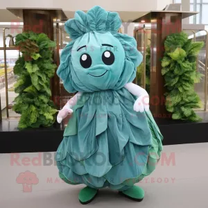 Teal Cabbage Leaf mascot costume character dressed with a Cocktail Dress and Shoe laces