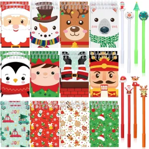 Tenceur 48 Pcs Christmas Mini Notebook with Ballpoint Pen Xmas Notepad Merry Christmas Small Memo Pad Santa Snowman Pocket Notebook for Xmas Party Home Gifts(Classic Style)