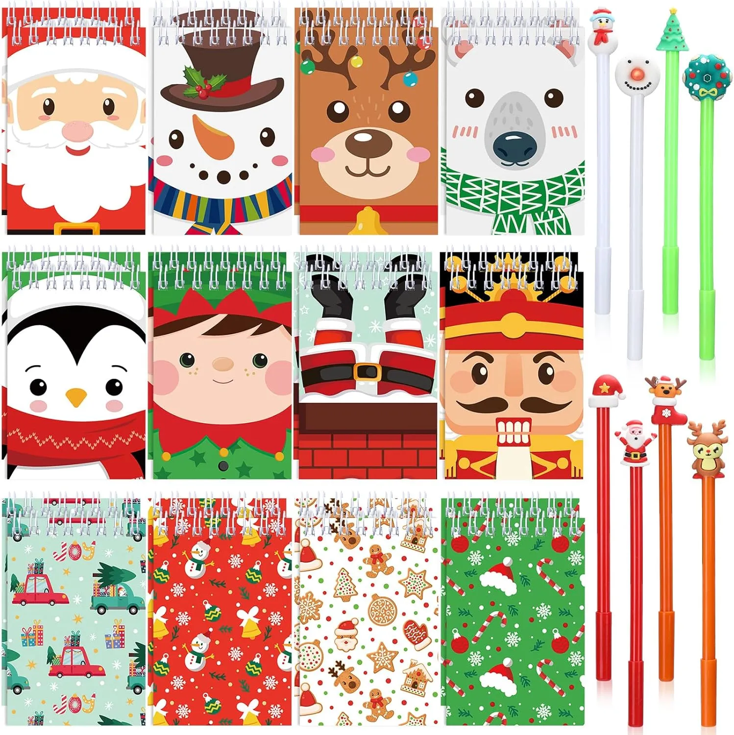 Tenceur 48 Pcs Christmas Mini Notebook with Ballpoint Pen Xmas Notepad Merry Christmas Small Memo Pad Santa Snowman Pocket Notebook for Xmas Party Home Gifts(Classic Style)