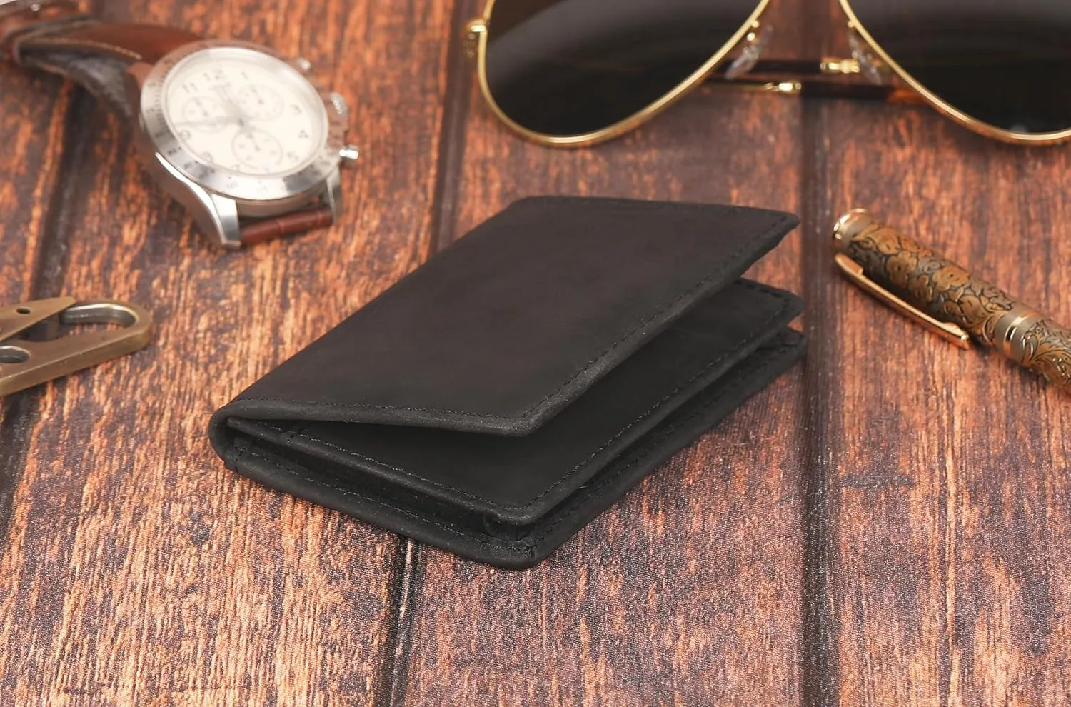 The Antiq Premium Leather Card Wallet, RFID Blocking Expandable Business Card Case, Bifold Card Holder for Men and Women, Men's Purse, Wallet for Men (Business Card Wallet, Black)