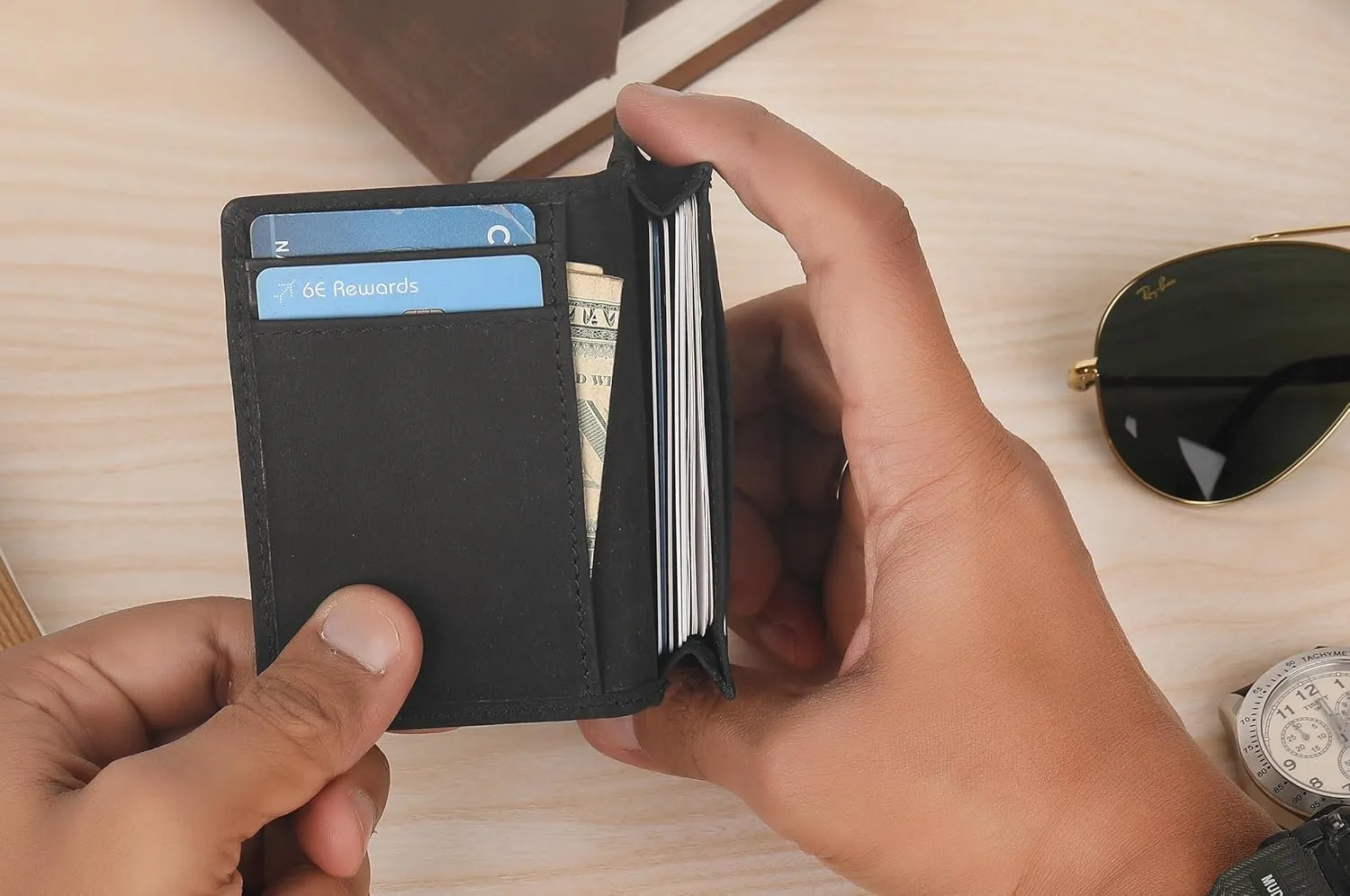 The Antiq Premium Leather Card Wallet, RFID Blocking Expandable Business Card Case, Bifold Card Holder for Men and Women, Men's Purse, Wallet for Men (Business Card Wallet, Black)