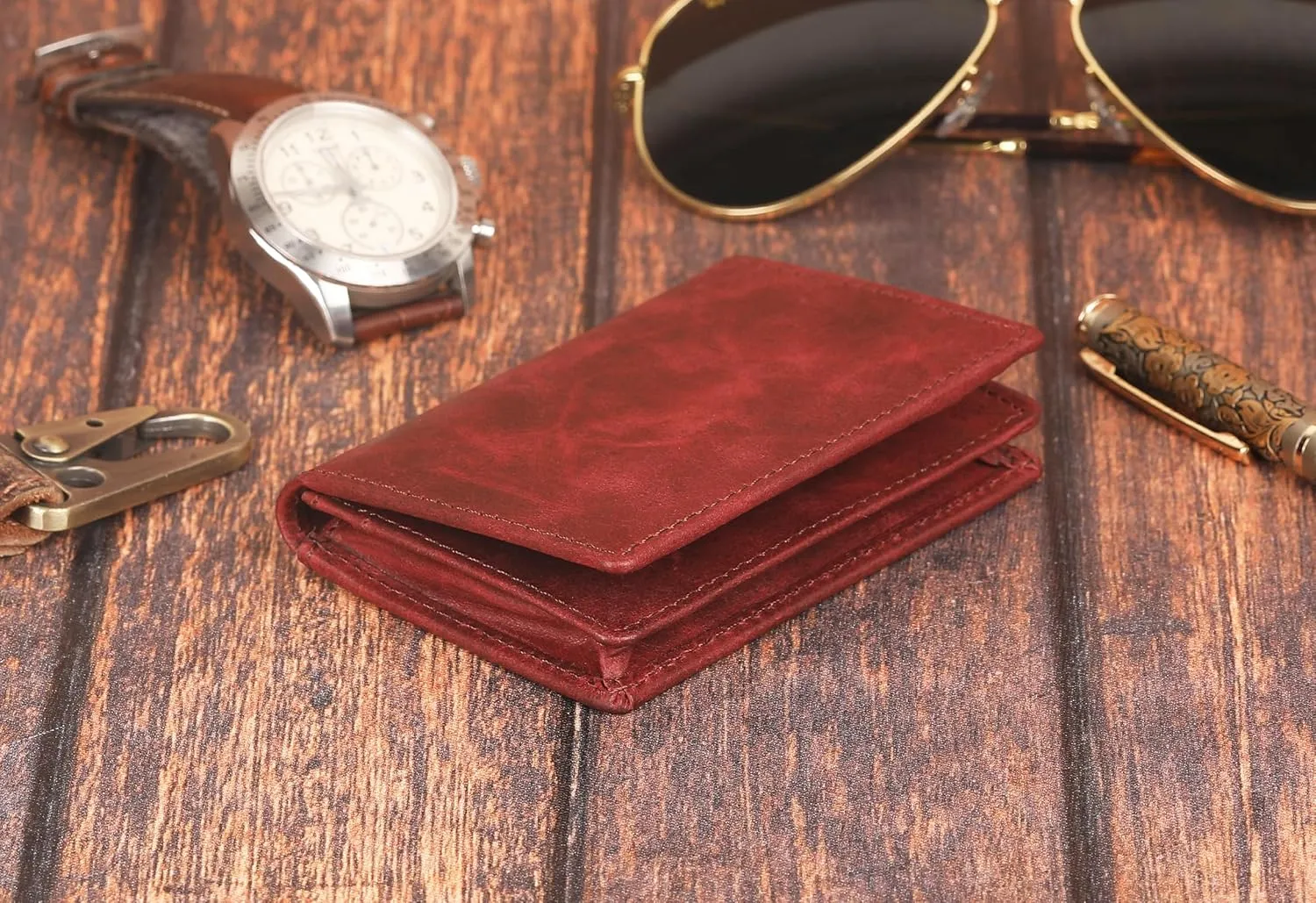 The Antiq Premium Leather Card Wallet, RFID Blocking Expandable Business Card Case, Bifold Card Holder for Men and Women, Men's Purse, Wallet for Men (Business Card Wallet, Red)