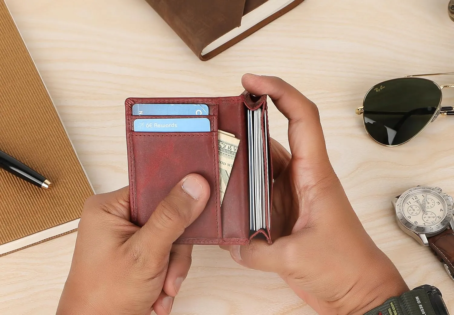 The Antiq Premium Leather Card Wallet, RFID Blocking Expandable Business Card Case, Bifold Card Holder for Men and Women, Men's Purse, Wallet for Men (Business Card Wallet, Red)