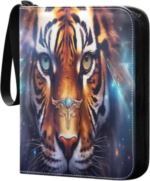 Tiger Cosmic Painting Card Binder 4-Pocket, 400 Pockets PU Waterproof Zippered Collector Card Album with 50 Removable Sleeves for Trading, Game Cards