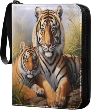 Tiger Painting Card Binder with 50 Removable Page Sleeves PU Leather Collectible Trading Card Albums Book with Zipper for Games Card,Baseball Cards