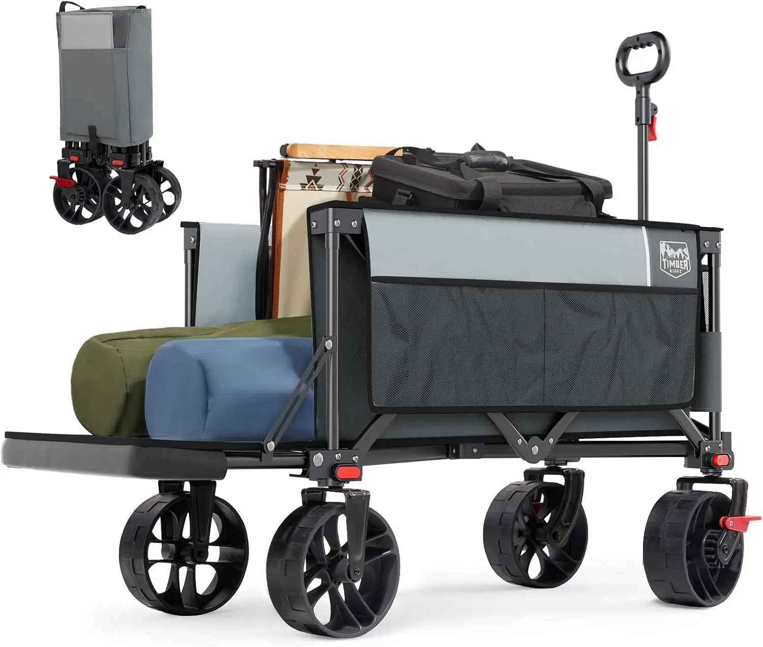 TIMBER RIDGE 47" L Collapsible Folding Wagon with Tailgate, 300lbs Heavy Duty Beach Wagon with All-Terrain Big Wheels, 250L Foldable Utility Cart for Sand Camping Sports Shopping, Grey