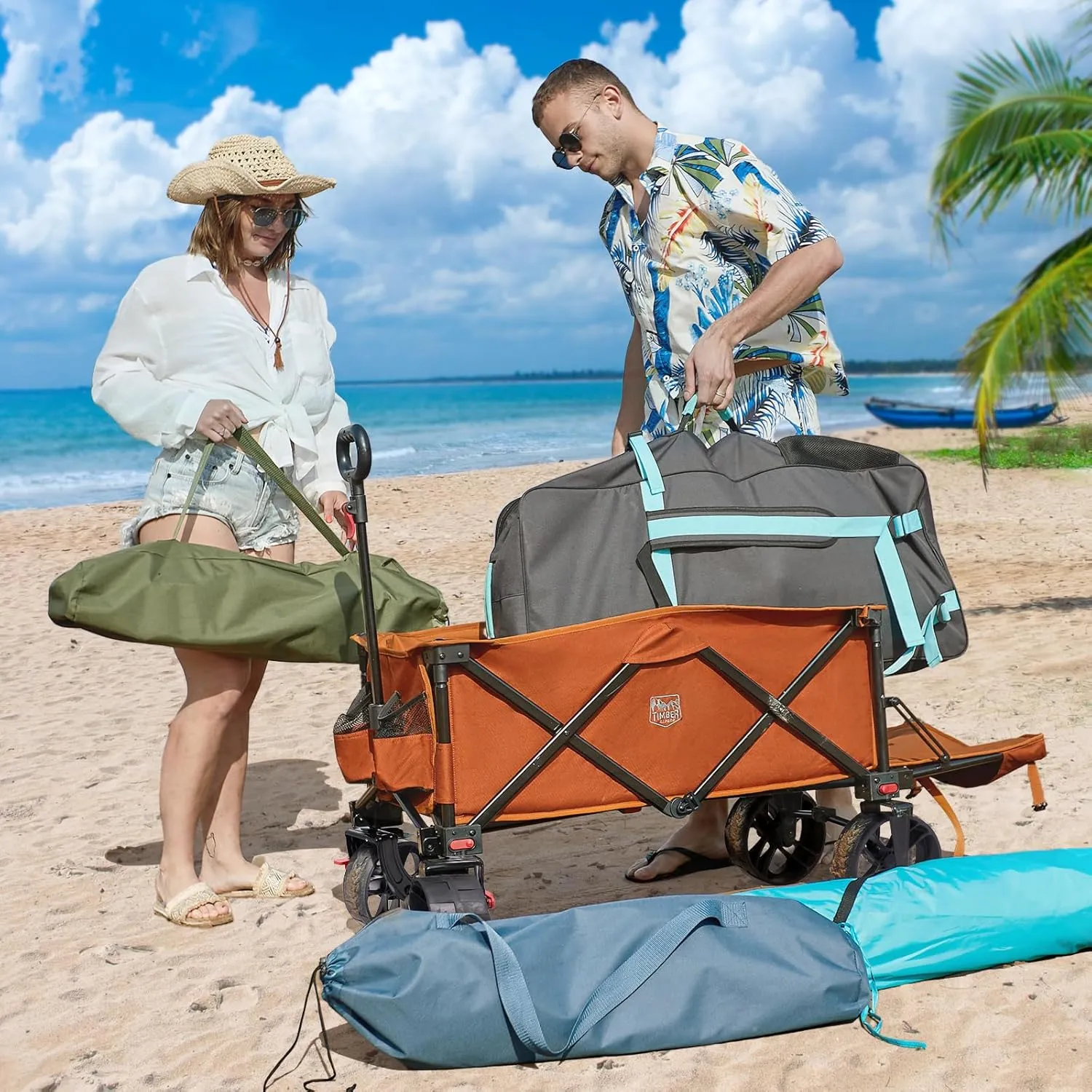 TIMBER RIDGE 47" L Collapsible Wagon with Tailgate & Brake, 300lbs Heavy Duty Beach Wagon with All-Terrain Big Wheels, 250L Foldable Utility Cart for Sand Camping Sports Shopping, Orange