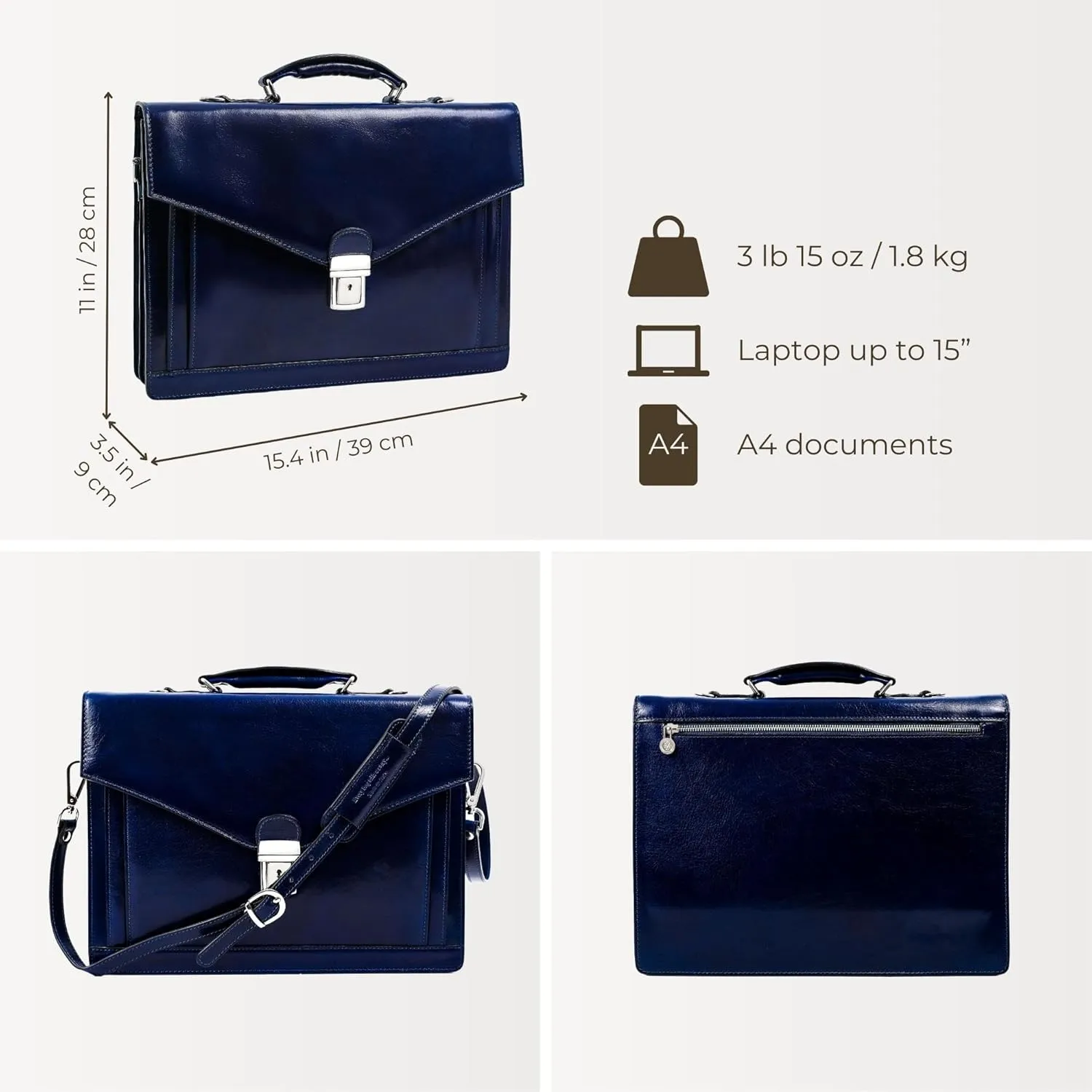 Time Resistance Leather Briefcase for Men - Business Laptop Bag - Italian Handmade Leather Bag - Attache - Gift Box Included