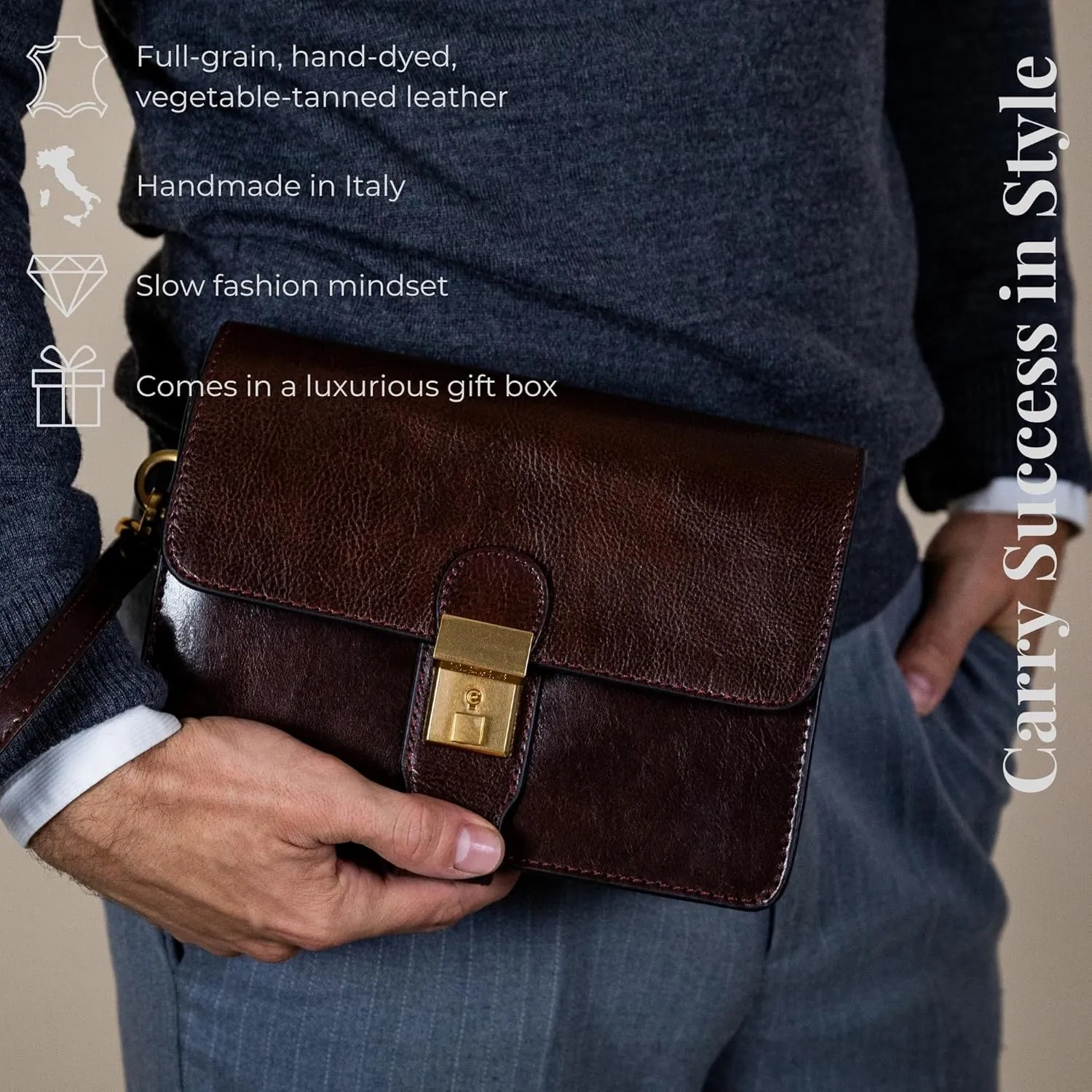 Time Resistance Leather Clutch - Men's Organizer Wrist Bag - Briefcase Handmade in Italy