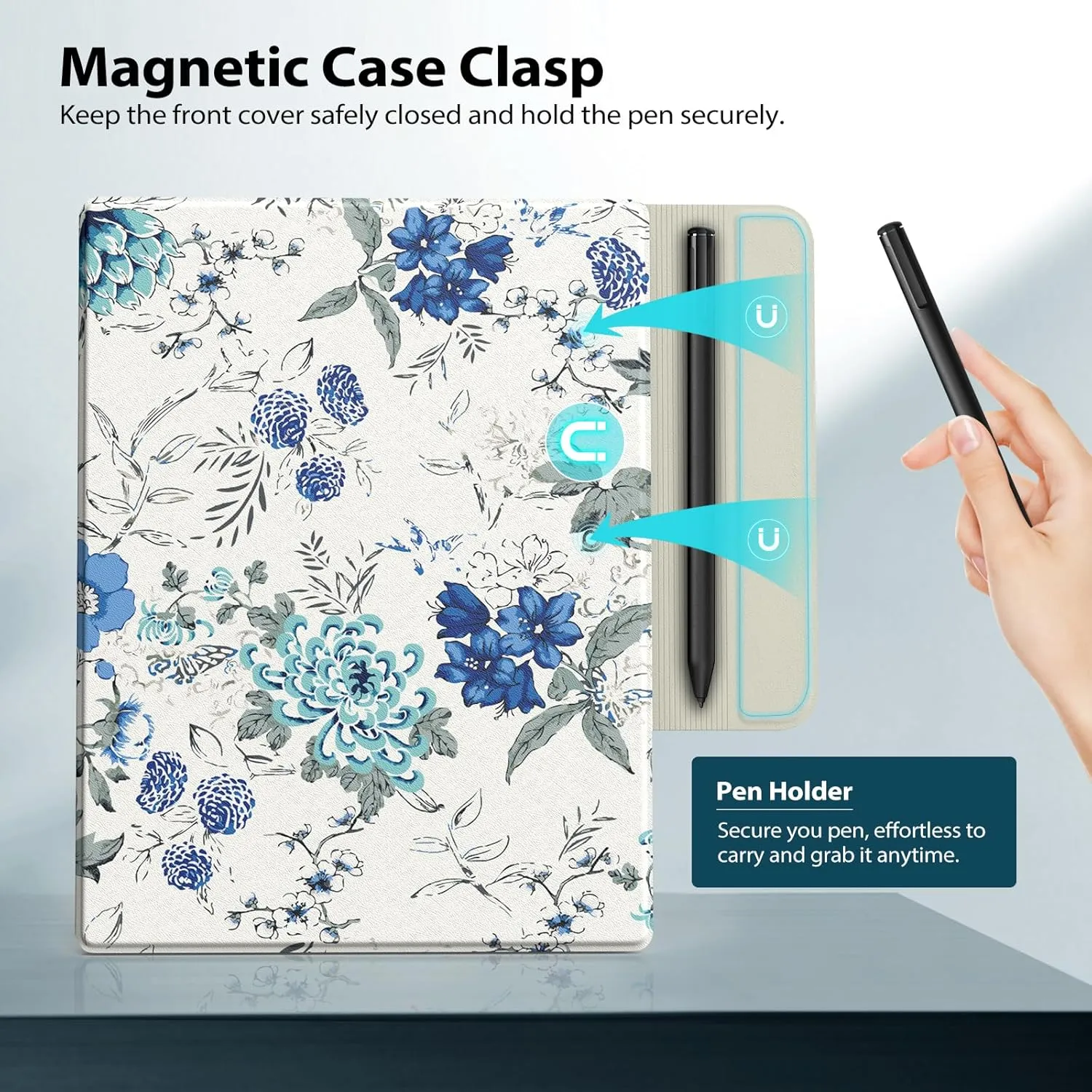 TiMOVO Case Compatible for Remarkable 2, Ultra-Thin Magnetic Case with Built-in Pen Holder, Lightweight Book Folio Cover Compatible with Remarkable 2 Paper Tablet 10.3" 2020 Released,White Blue Floral