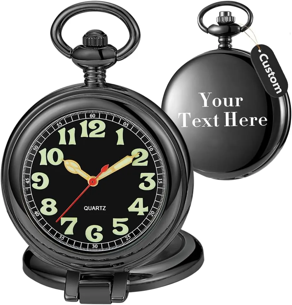 Tiong Transparent Cover Pocket Watches Quartz Arabic/Roman Numerals Men Customizable Back Cover Pocket Watch with Chain&Box