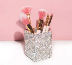 TISHAA Bling Bling Spark Crystal Pen Holder Stand Cup Box Organizer for Desk Office and Home Desk receive a case (squared White Crystal)