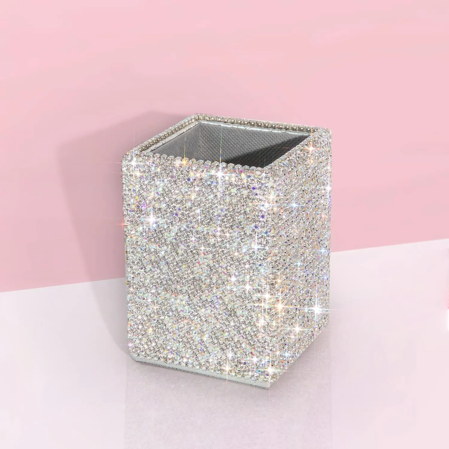 TISHAA Bling Bling Spark Crystal Pen Holder Stand Cup Box Organizer for Desk Office and Home Desk receive a case (squared White Crystal)