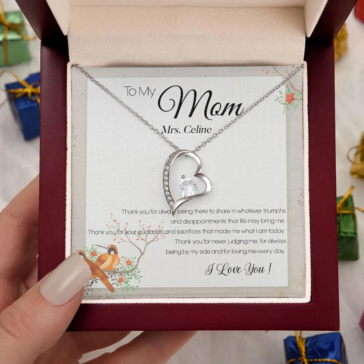 To My Beautiful Mom Necklace For Mothers Day, Birthday Gift for Mom Eternal Hope 14k 18k White Yellow Gold Finish Necklace Customized Name Jewelry Gift Necklace with Box Message