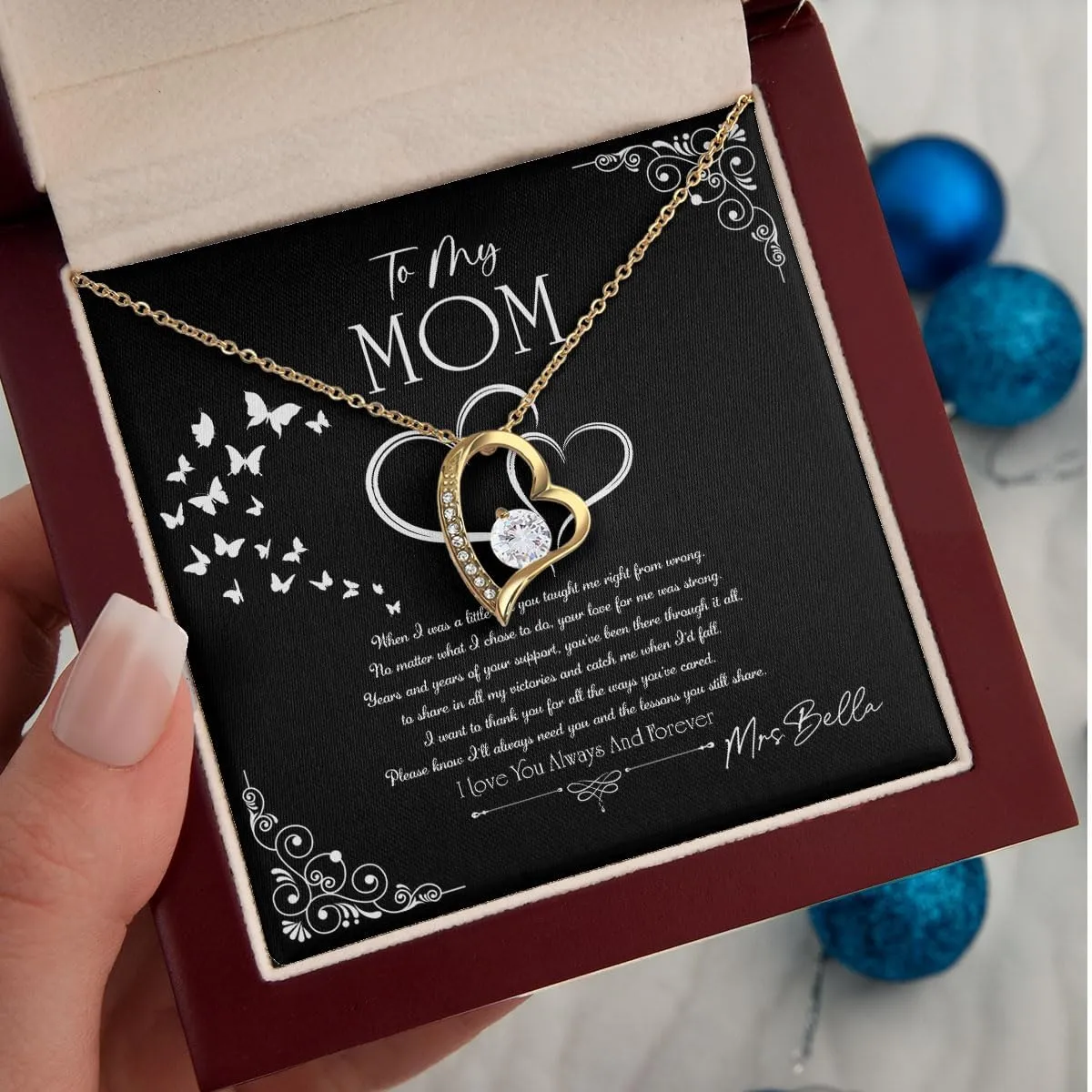 To My Beautiful Mom Necklace For Mothers Day, Birthday Gift for Mom Eternal Hope 14k 18k White Yellow Gold Finish Necklace Customized Name Jewelry Gift Necklace with Box Message