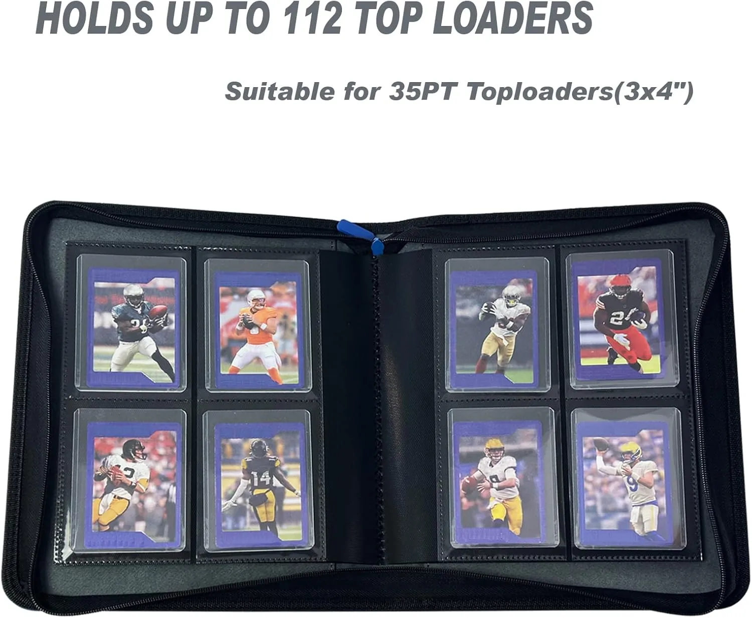 Top Loader Binder 4 Pocket Double Sided - Holds 112 Cards in 3"x4" Toploaders, Small Toploader Storage for Trading, Sports and Gaming Cards Collection Binder, Black