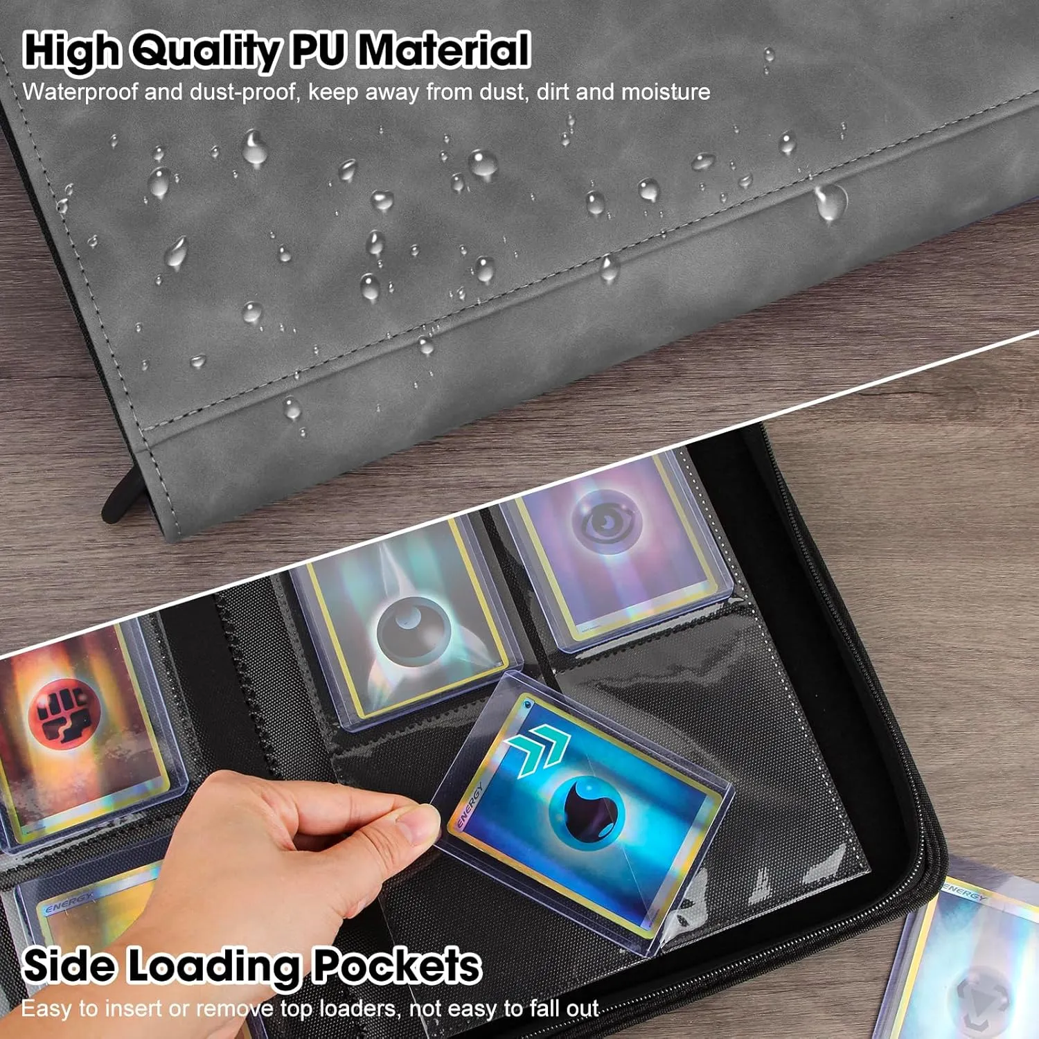 Top Loader Card Binder, Holds 112 Top Loaders Storage, 4 Pockets with Sleeves, Trading Card Binder for Sports Cards, YGO/MTG Cards Collection Binder - Gray (Not for Cards WITHOUT a Top Loader)