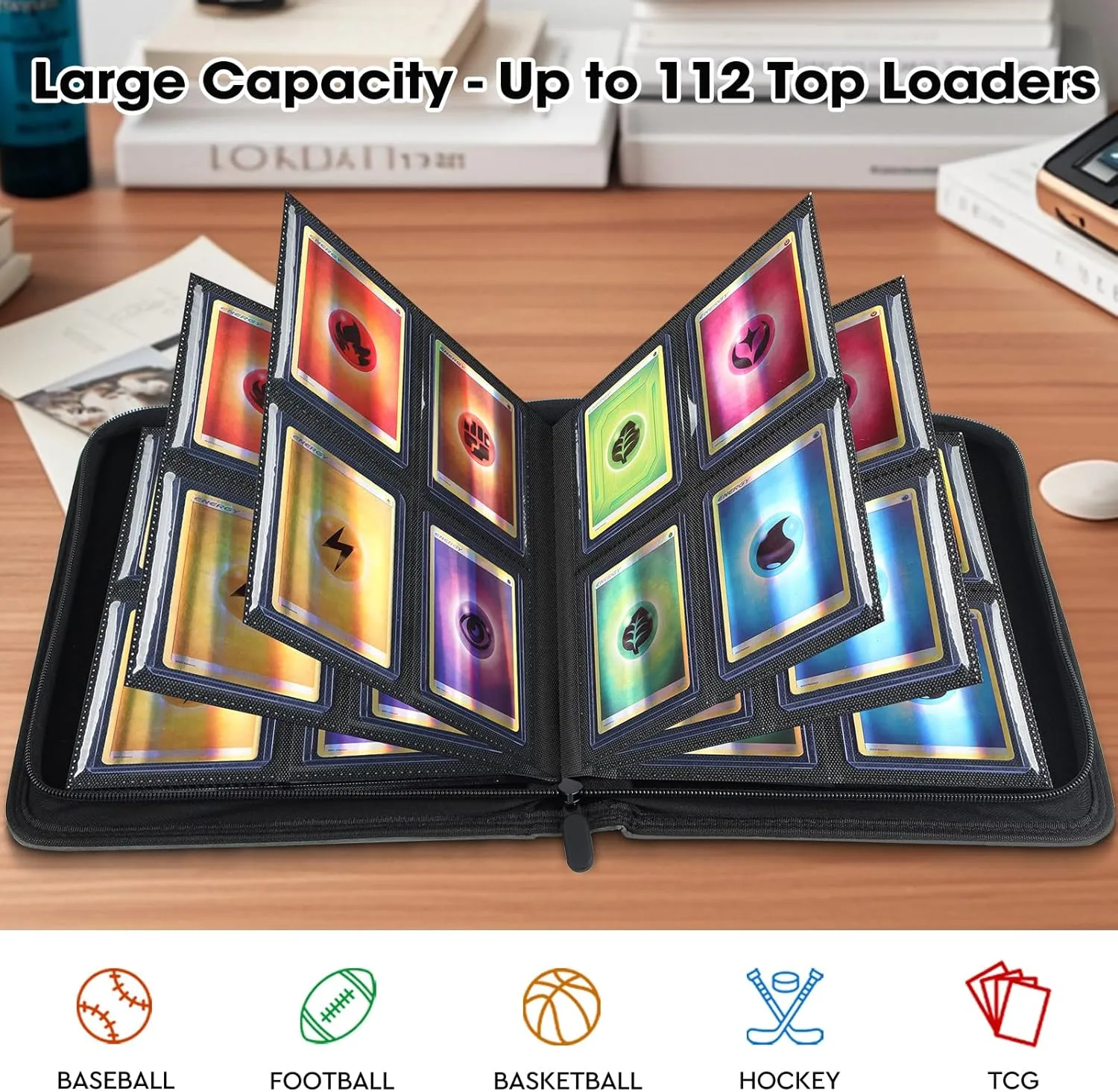 Top Loader Card Binder, Holds 112 Top Loaders Storage, 4 Pockets with Sleeves, Trading Card Binder for Sports Cards, YGO/MTG Cards Collection Binder - Gray (Not for Cards WITHOUT a Top Loader)