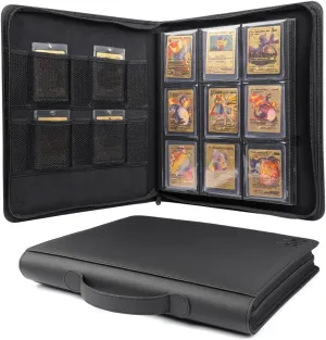 Toploader Binder – PU Leather Trading Card Binder with 288 Slots – 9 Pocket Top Loader Binder for Cards Compatible with Pokemon, MTG, AirTag Pocket – Matte Black Baseball Card Holder