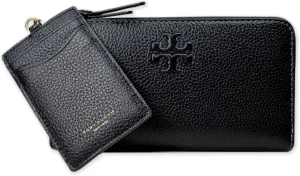 Tory Burch Womens146471 Pebble Leather Thea Zip Around Continental Wallet With ID Card Case, (Black)