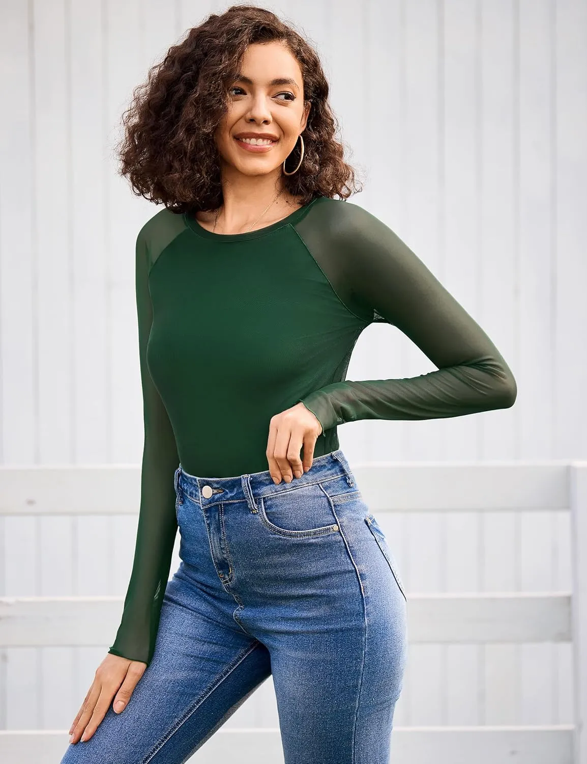 Totatuit Women Floral Mesh Long Sleeve Top Crewneck Double Lined Basic Shirts with Thumb Holes Going Out Tops