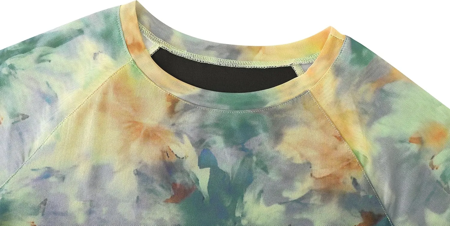 Totatuit Women Floral Mesh Long Sleeve Top Crewneck Double Lined Basic Shirts with Thumb Holes Going Out Tops