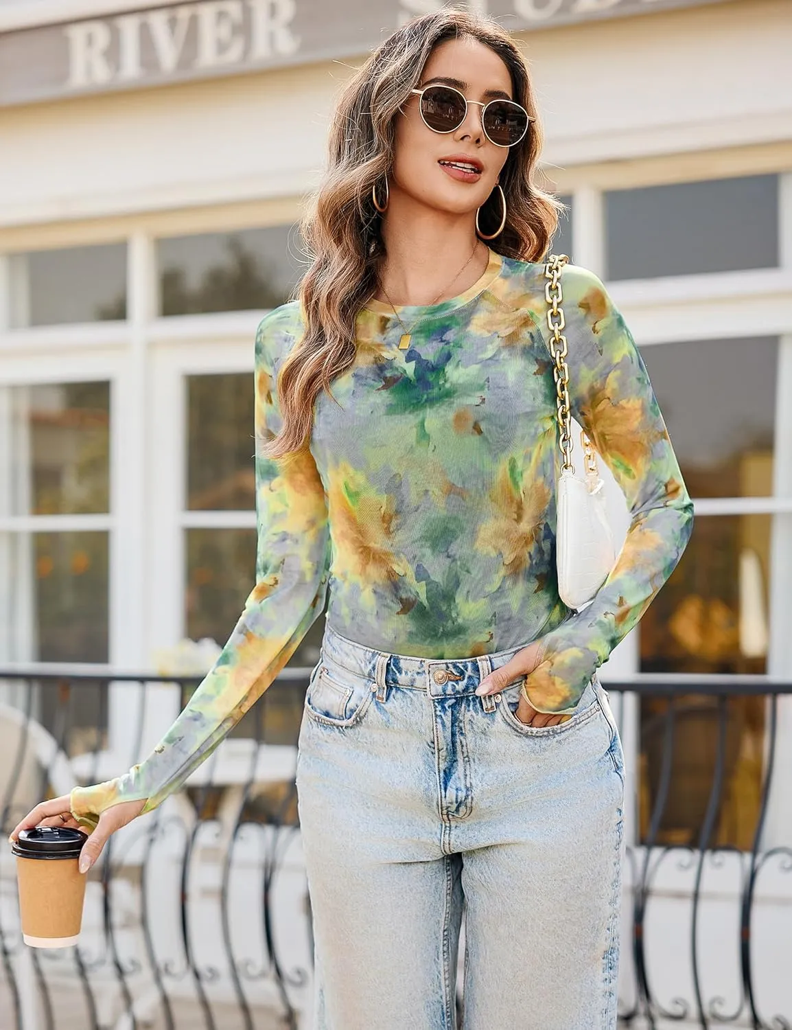 Totatuit Women Floral Mesh Long Sleeve Top Crewneck Double Lined Basic Shirts with Thumb Holes Going Out Tops
