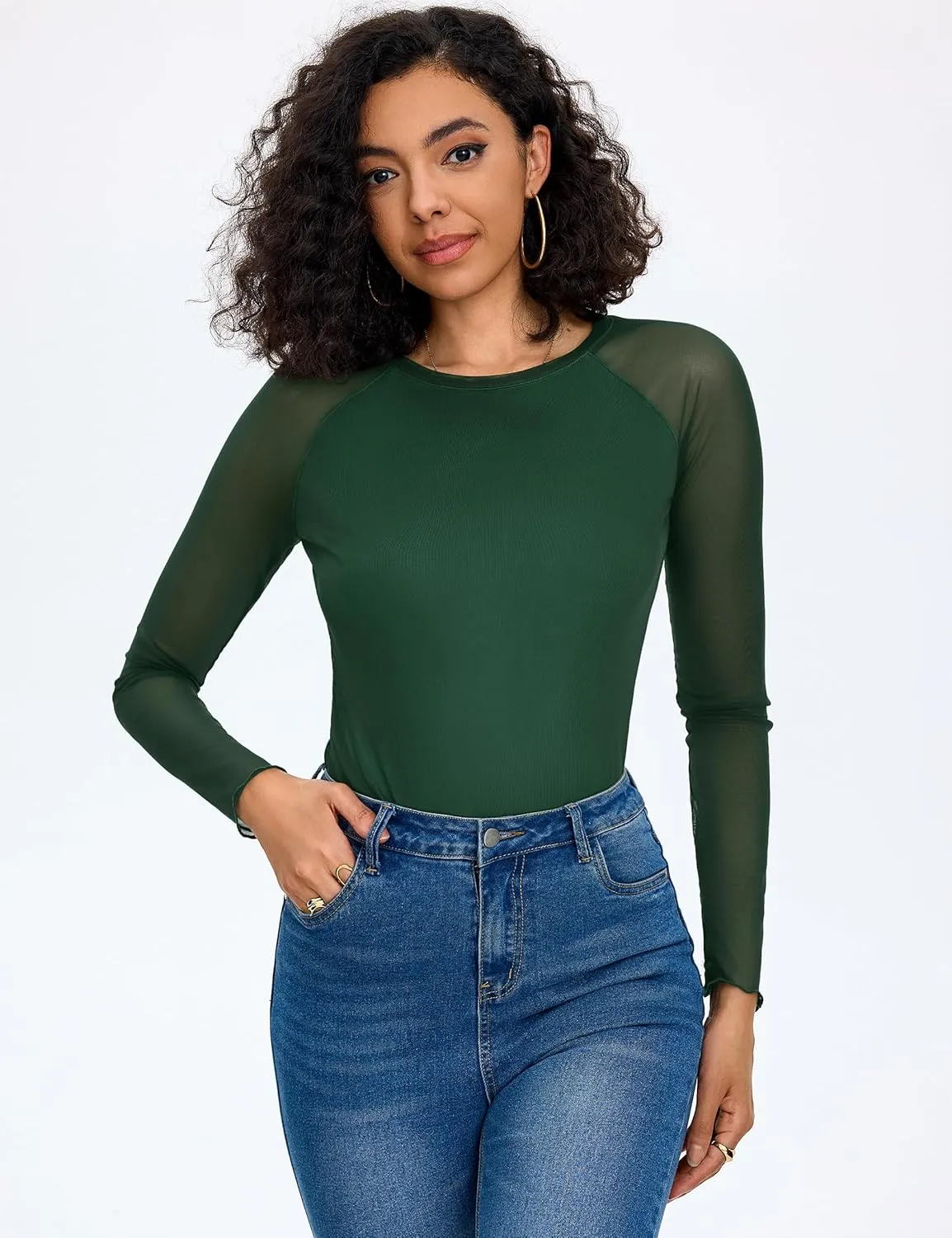 Totatuit Women Floral Mesh Long Sleeve Top Crewneck Double Lined Basic Shirts with Thumb Holes Going Out Tops