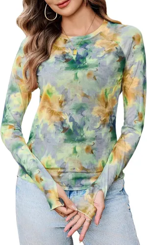 Totatuit Women Floral Mesh Long Sleeve Top Crewneck Double Lined Basic Shirts with Thumb Holes Going Out Tops