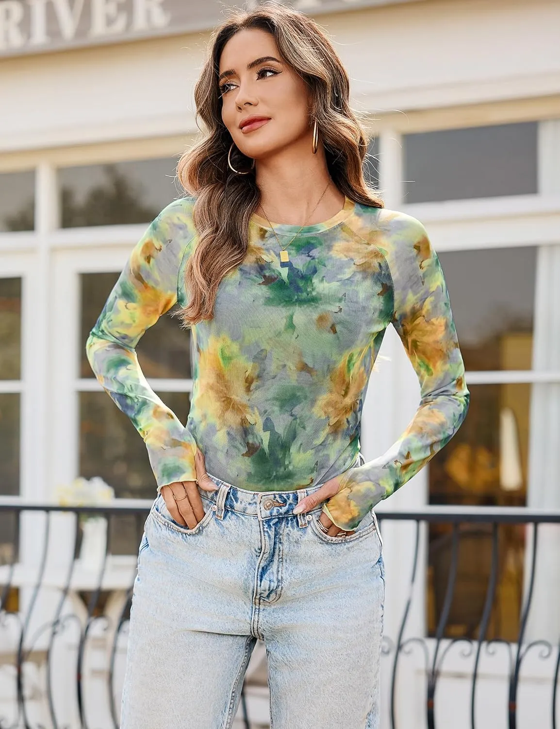 Totatuit Women Floral Mesh Long Sleeve Top Crewneck Double Lined Basic Shirts with Thumb Holes Going Out Tops