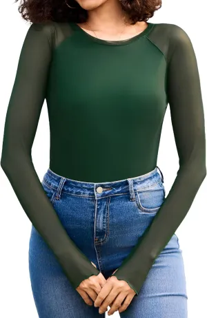 Totatuit Women Floral Mesh Long Sleeve Top Crewneck Double Lined Basic Shirts with Thumb Holes Going Out Tops